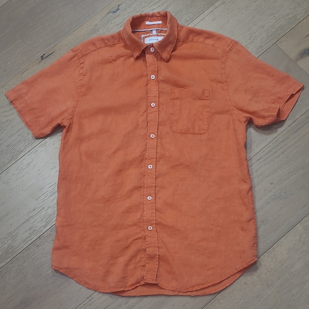 Porter & Ash Shirt Men's sz S Orange 100% Linen Button Up Short Sleeve Shirt